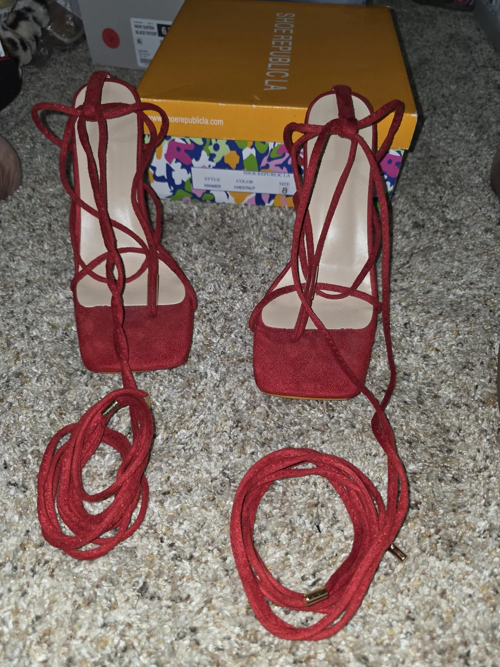 Red Lace-Up Suede Ankle Wrap Heels